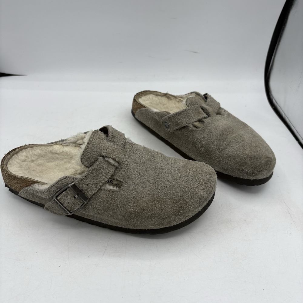 Birkenstock Taupe Suede Shearling Lined Clogs
